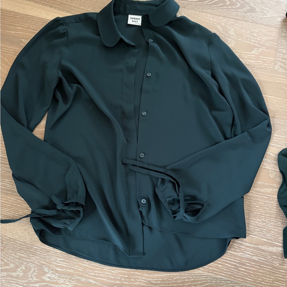 Sunday Best Dark Green Button-Down Silk Blouse